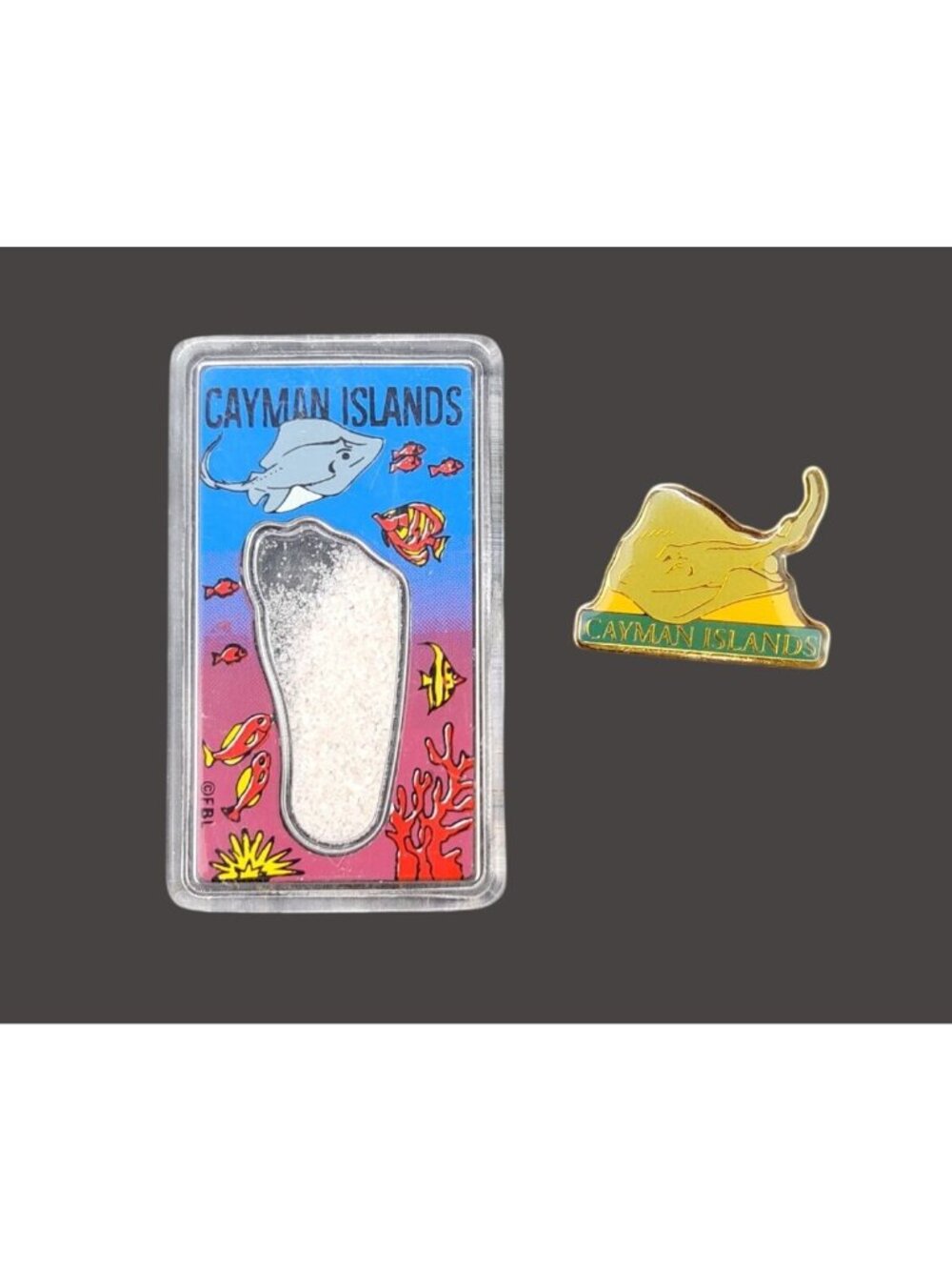 Vintage Cayman Islands Souvenir Sand Footprint Magnet & Stingray Pin Lot Enamel